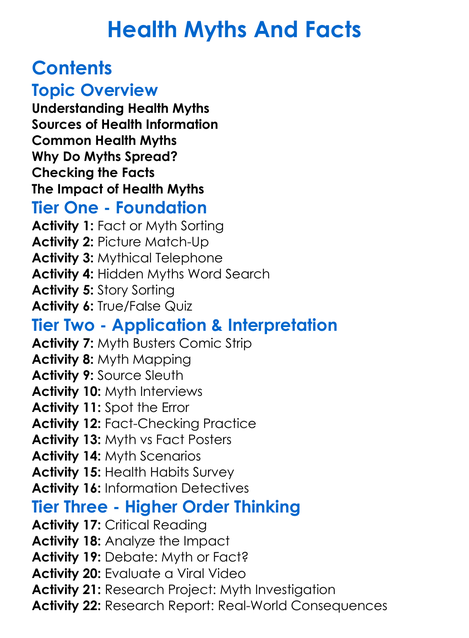 Health Myths And Facts Worksheet Activity Booklet