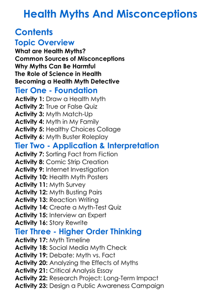 Health Myths And Misconceptions Worksheet Activity Booklet