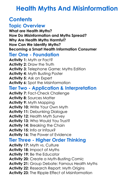 Health Myths And Misinformation Worksheet Activity Booklet