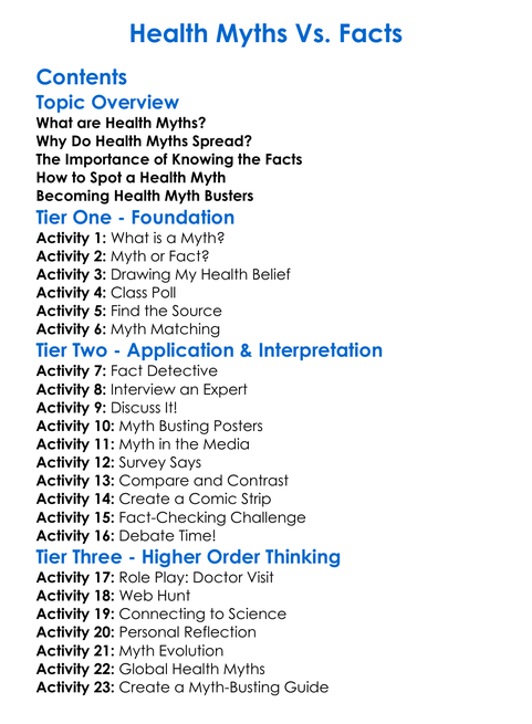 Health Myths Vs Facts Worksheet Activity Booklet