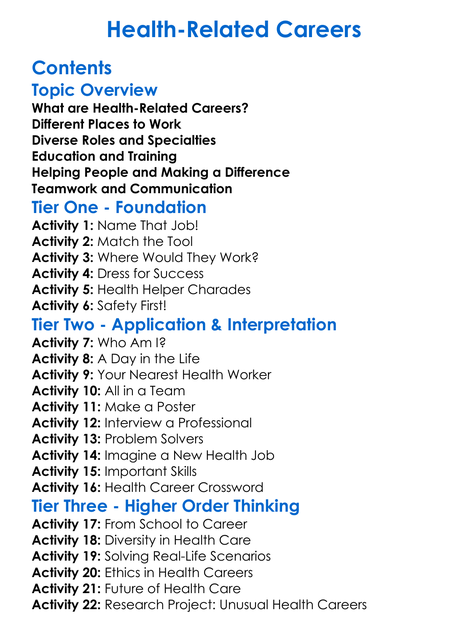 Health-Related Careers Worksheet Activity Booklet