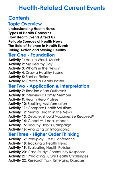 Health-Related Current Events Worksheet Activity Booklet