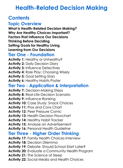 Health-Related Decision-Making Worksheet Activity Booklet