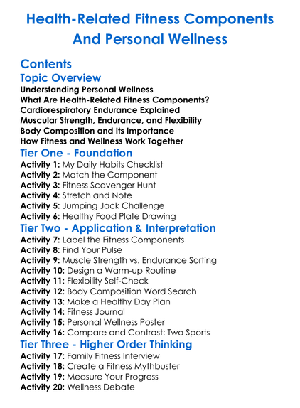 Health-Related Fitness Components And Personal Wellness Worksheet Activity Booklet