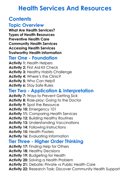 Health Services And Resources Worksheet Activity Booklet