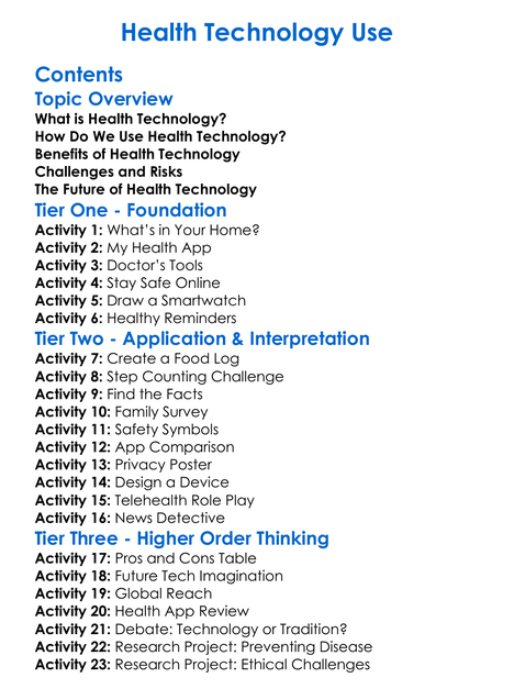 Health Technology Use Worksheet Activity Booklet