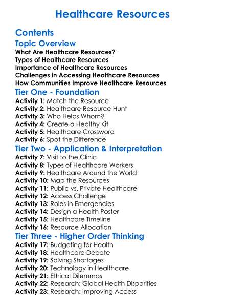 Healthcare Resources Worksheet Activity Booklet
