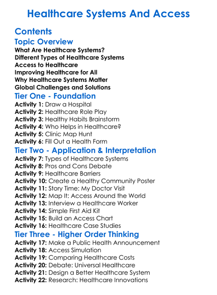 Healthcare Systems And Access Worksheet Activity Booklet