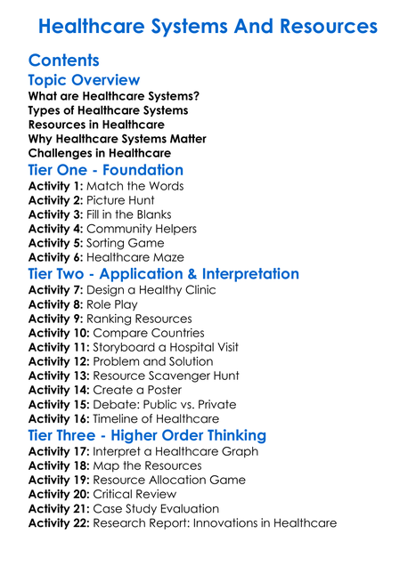 Healthcare Systems And Resources Worksheet Activity Booklet