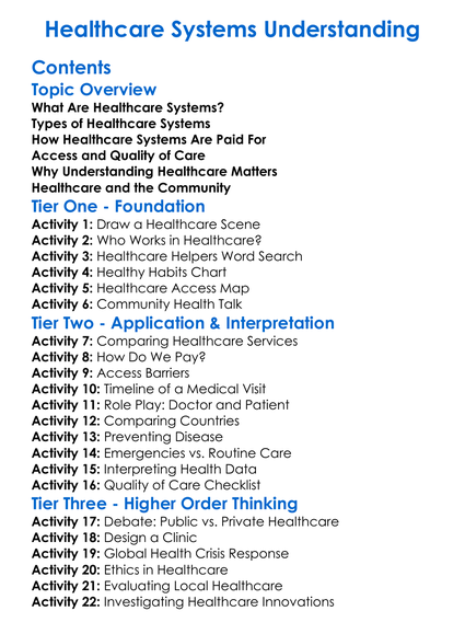 Healthcare Systems Understanding Worksheet Activity Booklet