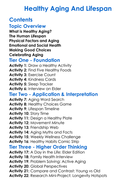 Healthy Aging And Lifespan Worksheet Activity Booklet