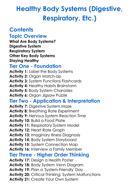 Healthy Body Systems Digestive Respiratory Etc Worksheet Activity Booklet