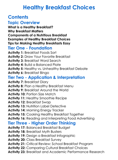 Healthy Breakfast Choices Worksheet Activity Booklet