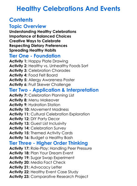Healthy Celebrations And Events Worksheet Activity Booklet