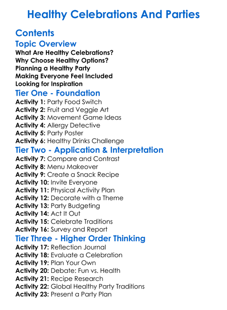 Healthy Celebrations And Parties Worksheet Activity Booklet
