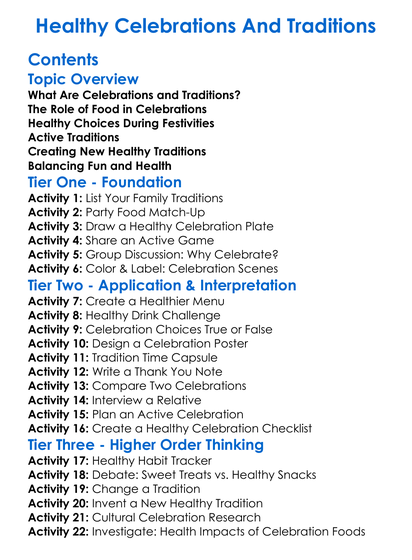 Healthy Celebrations And Traditions Worksheet Activity Booklet