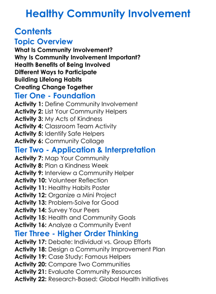 Healthy Community Involvement Worksheet Activity Booklet