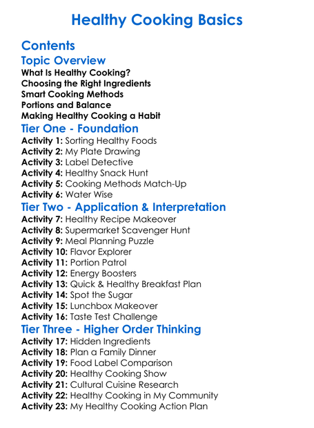Healthy Cooking Basics Worksheet Activity Booklet
