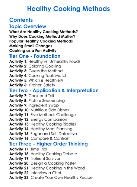 Healthy Cooking Methods Worksheet Activity Booklet