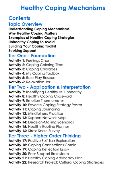Healthy Coping Mechanisms Worksheet Activity Booklet