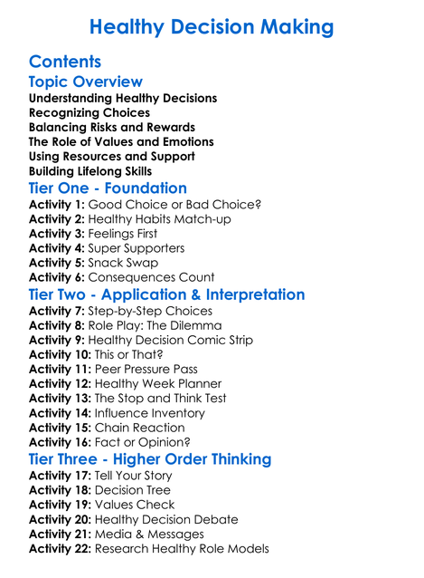 Healthy Decision-Making Worksheet Activity Booklet