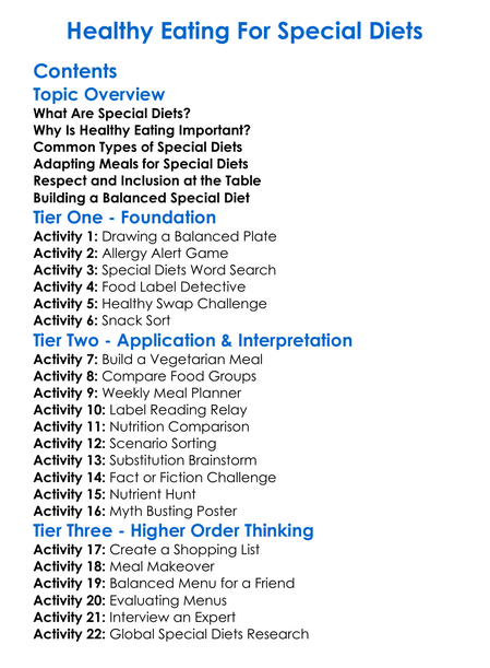 Healthy Eating For Special Diets Worksheet Activity Booklet