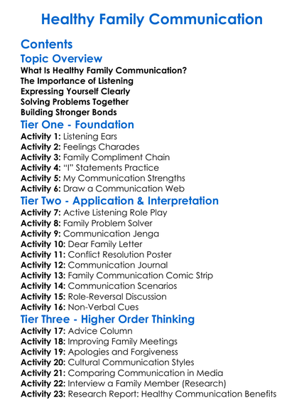 Healthy Family Communication Worksheet Activity Booklet