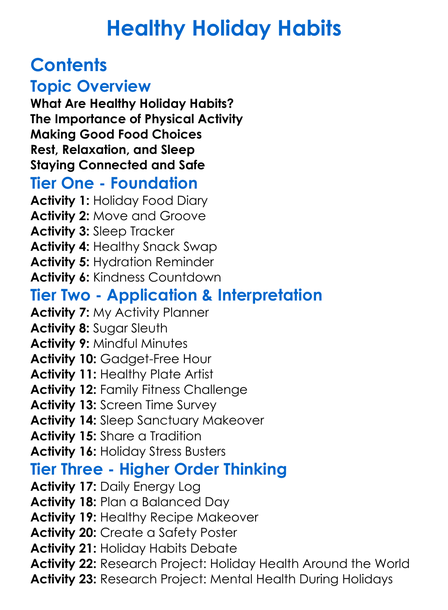 Healthy Holiday Habits Worksheet Activity Booklet