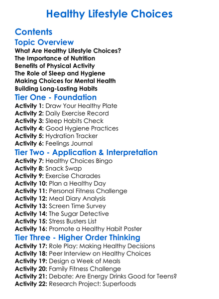Healthy Lifestyle Choices Worksheet Activity Booklet