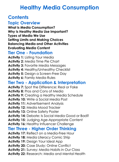 Healthy Media Consumption Worksheet Activity Booklet