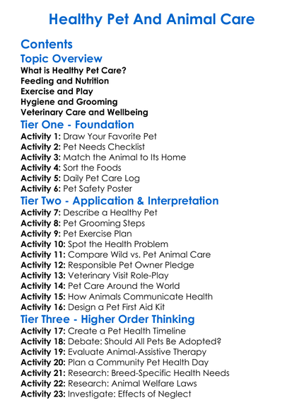 Healthy Pet And Animal Care Worksheet Activity Booklet