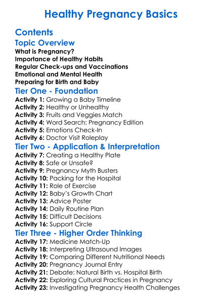 Healthy Pregnancy Basics Worksheet Activity Booklet