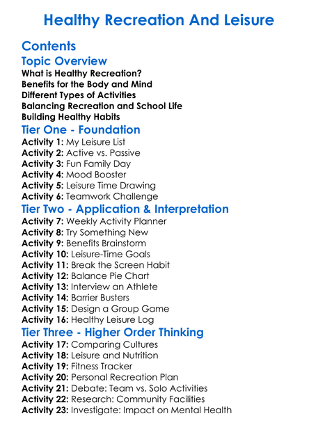 Healthy Recreation And Leisure Worksheet Activity Booklet