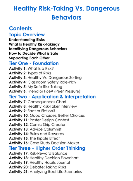 Healthy Risk-Taking Vs Dangerous Behaviors Worksheet Activity Booklet