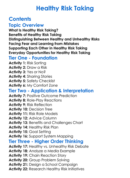 Healthy Risk Taking Worksheet Activity Booklet