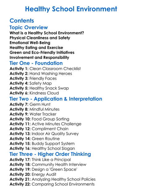 Healthy School Environment Worksheet Activity Booklet