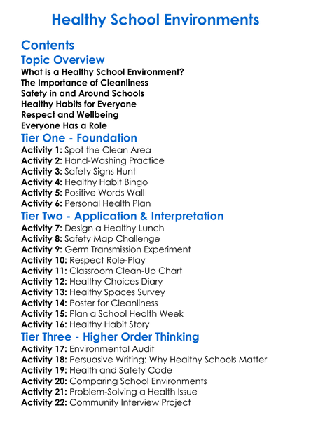 Healthy School Environments Worksheet Activity Booklet