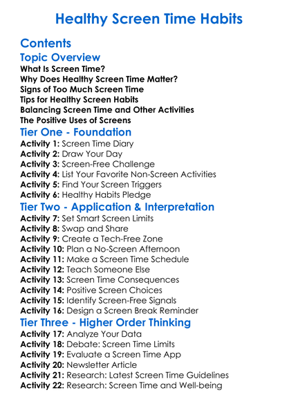 Healthy Screen Time Habits Worksheet Activity Booklet