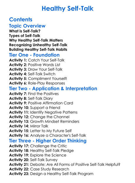 Healthy Self-Talk Worksheet Activity Booklet