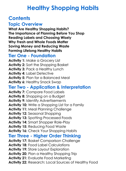 Healthy Shopping Habits Worksheet Activity Booklet