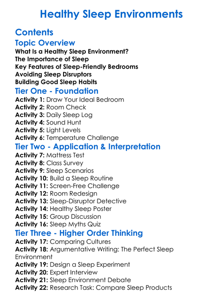 Healthy Sleep Environments Worksheet Activity Booklet