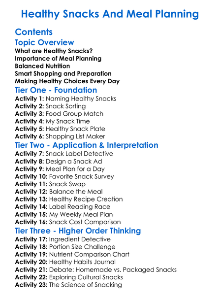Healthy Snacks And Meal Planning Worksheet Activity Booklet
