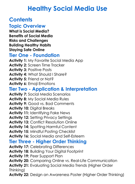 Healthy Social Media Use Worksheet Activity Booklet