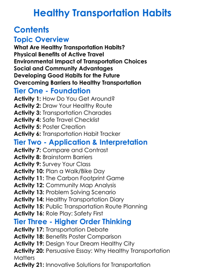 Healthy Transportation Habits Worksheet Activity Booklet