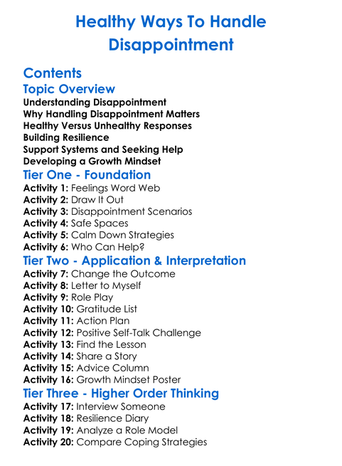 Healthy Ways To Handle Disappointment Worksheet Activity Booklet
