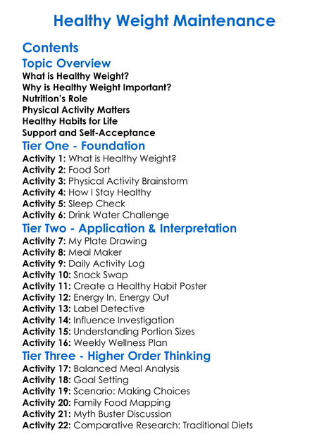 Healthy Weight Maintenance Worksheet Activity Booklet