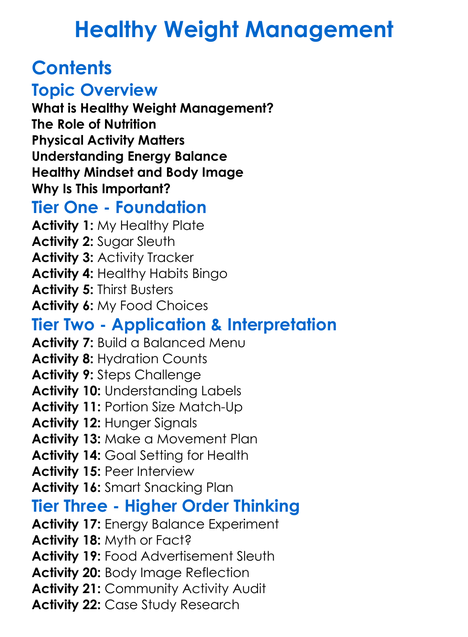 Healthy Weight Management Worksheet Activity Booklet