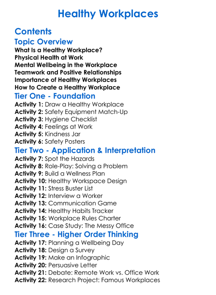 Healthy Workplaces Worksheet Activity Booklet