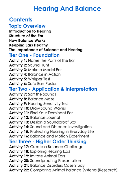 Hearing And Balance Worksheet Activity Booklet