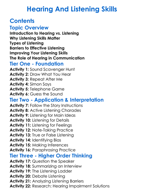 Hearing And Listening Skills Worksheet Activity Booklet